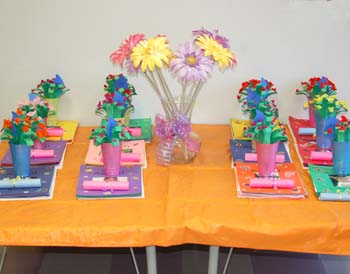 The flower bouquets being presented on my daughter's classroom table